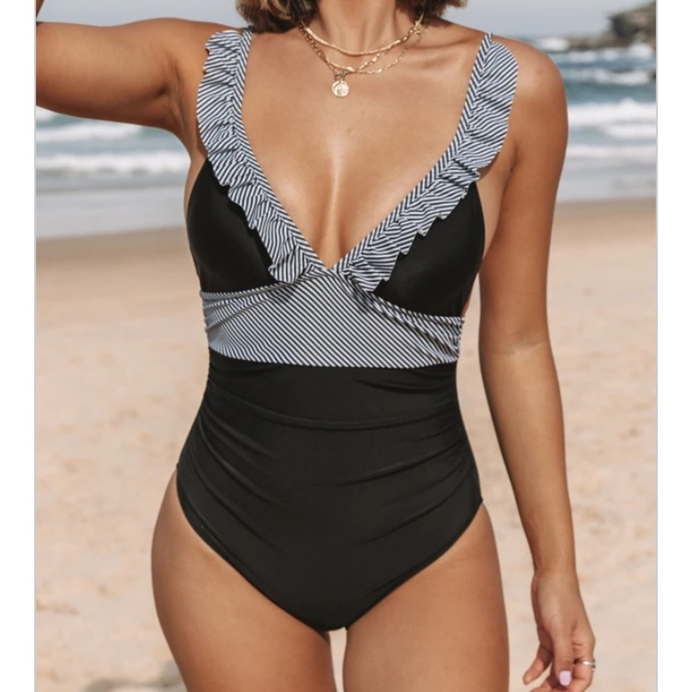 Beachsissi Stripped Ruffle Shoulder 1 Piece, NWT!